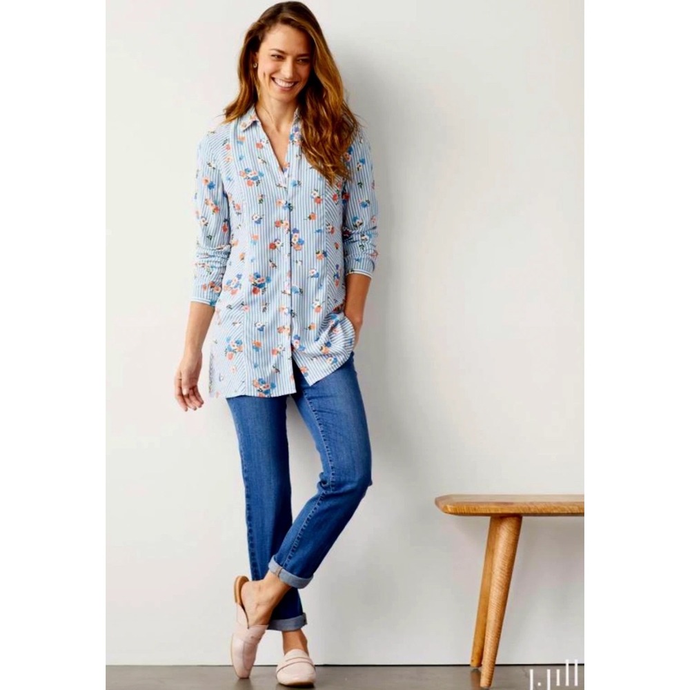 J Jill Womens Floral Striped Button Up Tunic Shirt M Petite Blue Rayon Coastal